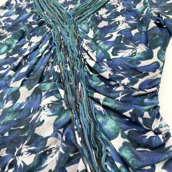 Classiques Entier Womens Silk Top Large Ruched Teal Stretchy Floral Fairy Dainty - Picture 4 of 9